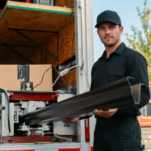 Installer carrying a seamless gutter up a ladder