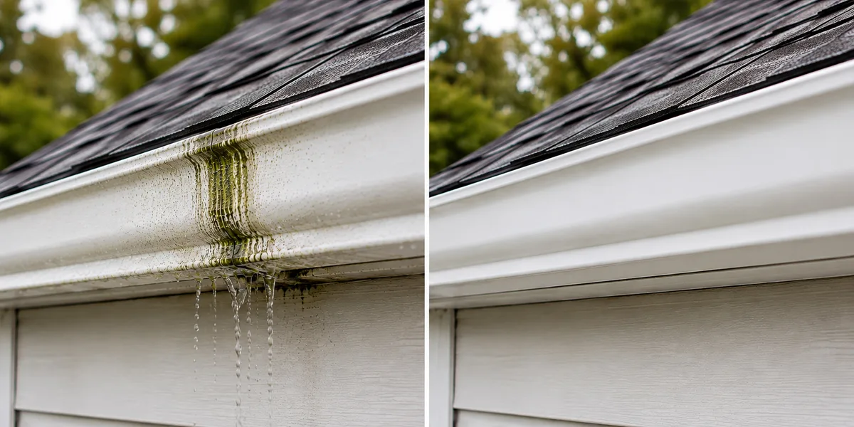 Installer fastening a gutter at the roof edge with a drill