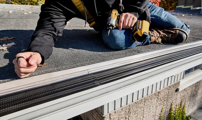 Alu-Rex DoublePro gutter guard installed, corner open
