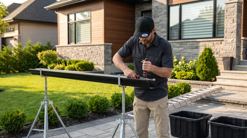 Installer adjusting a downspout elbow during a gutter repair
