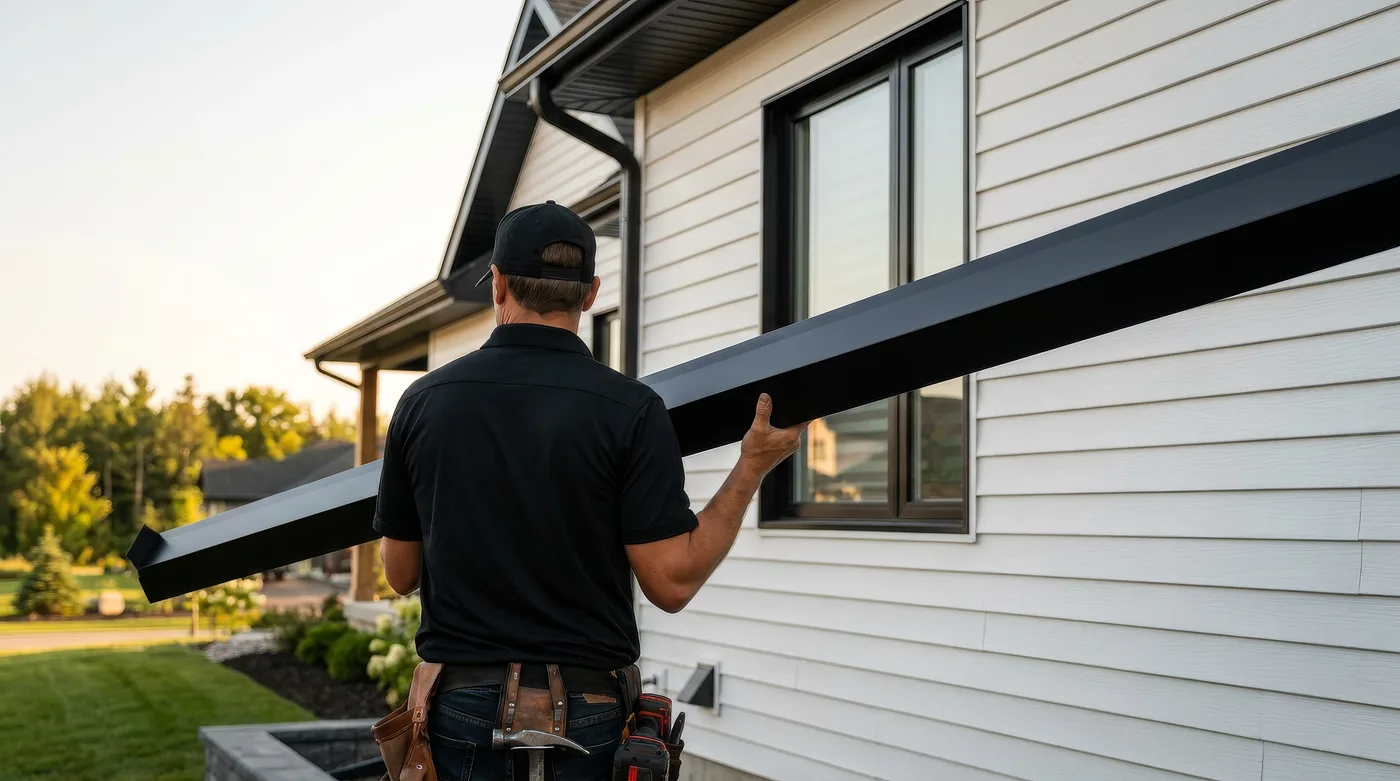 Installer carrying a new seamless gutter up a ladder